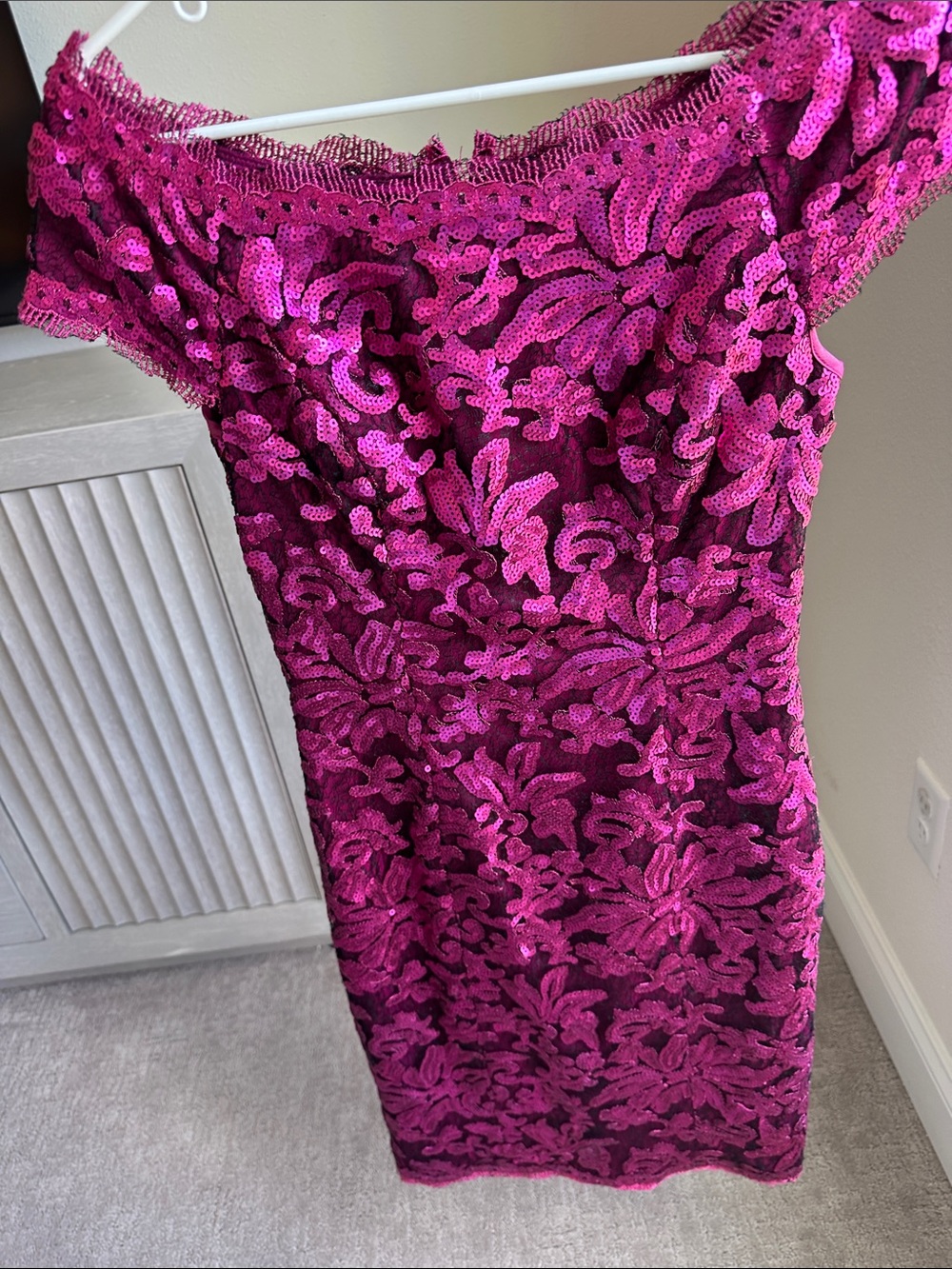 JS Collections Hot Pink One-Shoulder Sequin Lace Dress